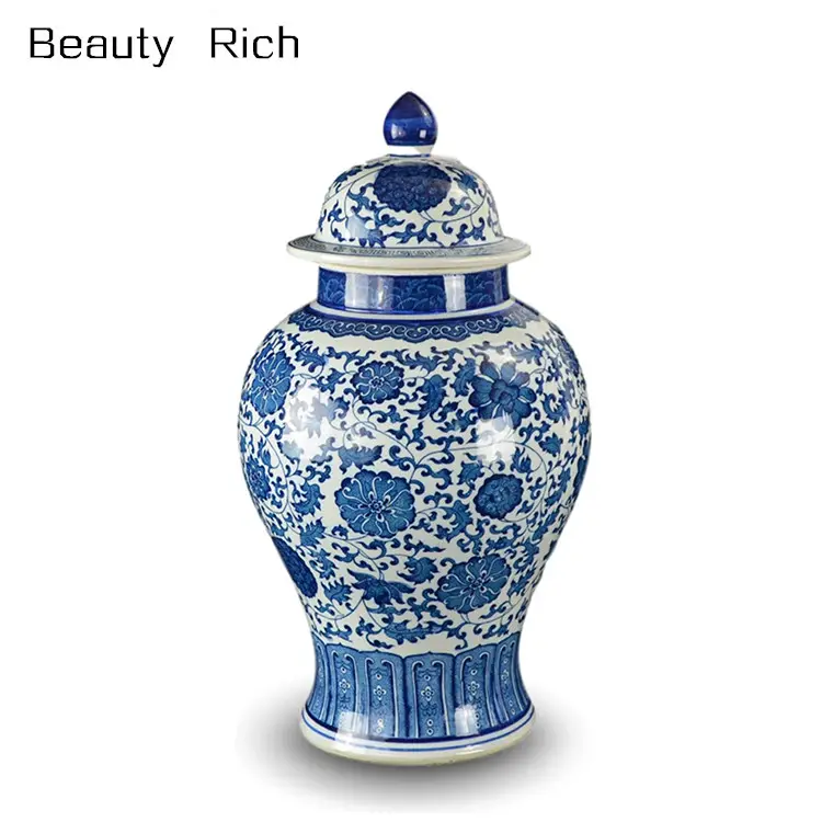 Ming Dynasty แจกันเซรามิกโบราณของจีน,แจกันขิงวัดดอกไม้เซรามิกลายครามสีฟ้าและสีขาวคลาสสิกขนาด20 "ขนาดใหญ่ของจีน