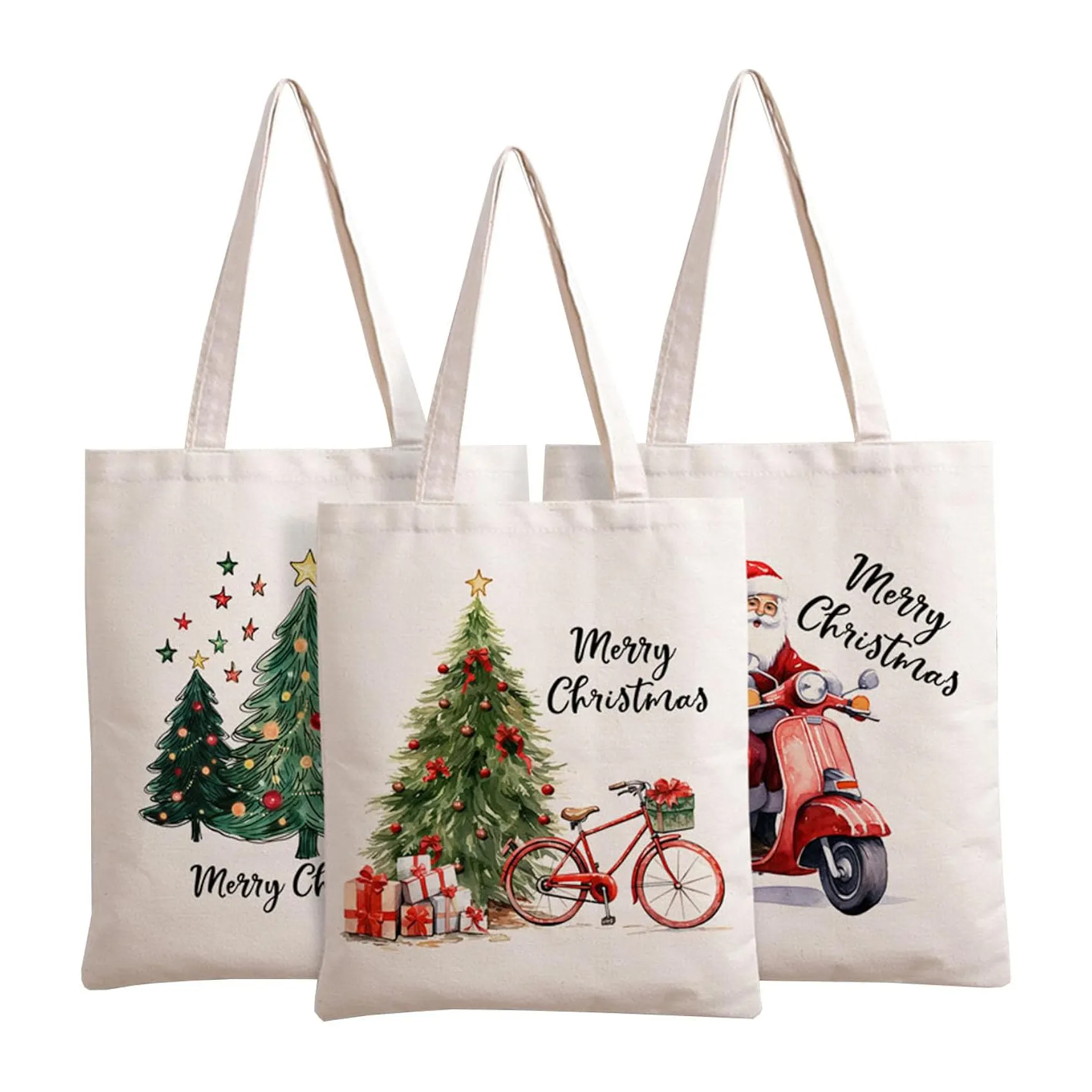 Eco friendly Foldable Custom Blank Shopping tote Cotton Santa Claus Picture Print Christmas Festivals tote bag expandable