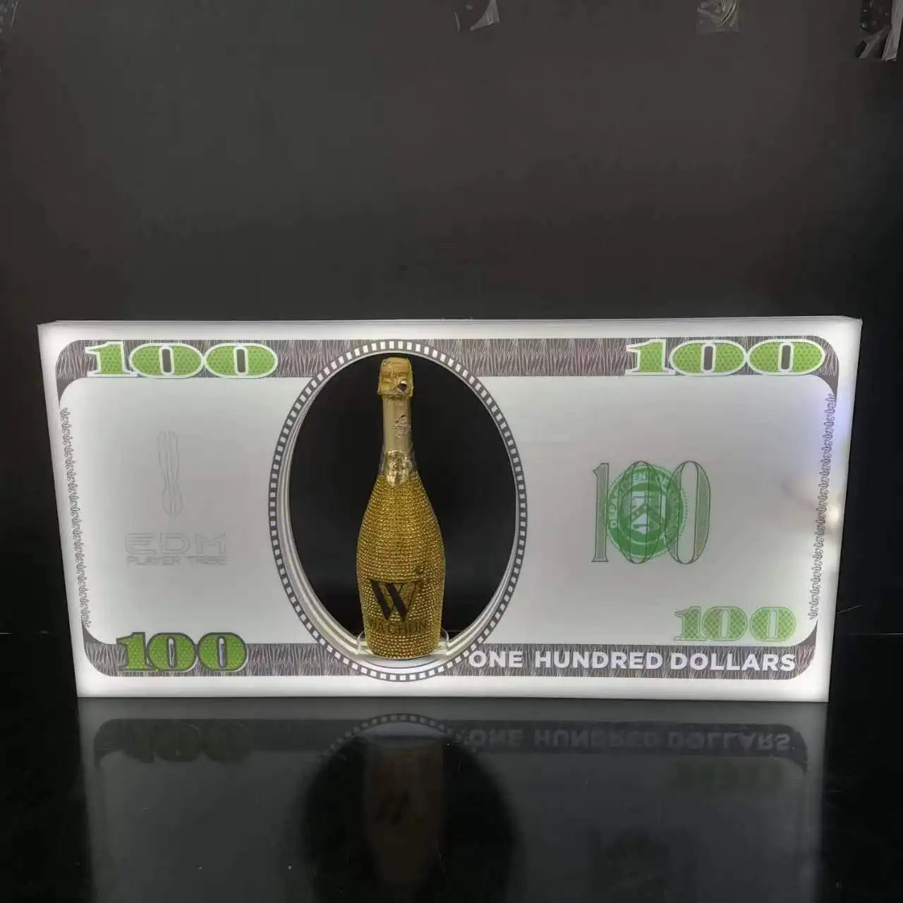 Discothèque signe affichage lueur US 100 dollar bill acrylique présentateur glorifier bouteille affichage discothèque vip signe