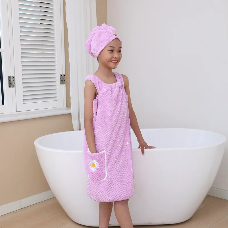 Jupe de bain en microfibre pour femmes et enfants, peignoir et serviette enveloppante pour cheveux, ensemble de 2 pièces, vente en gros