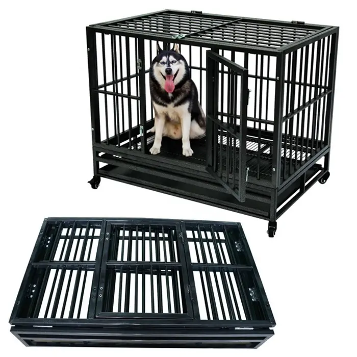 Foldable Heavy Duty Dog Cage Crate Collapsible Strong Metal Tube Kennel 4 Wheels With Tray