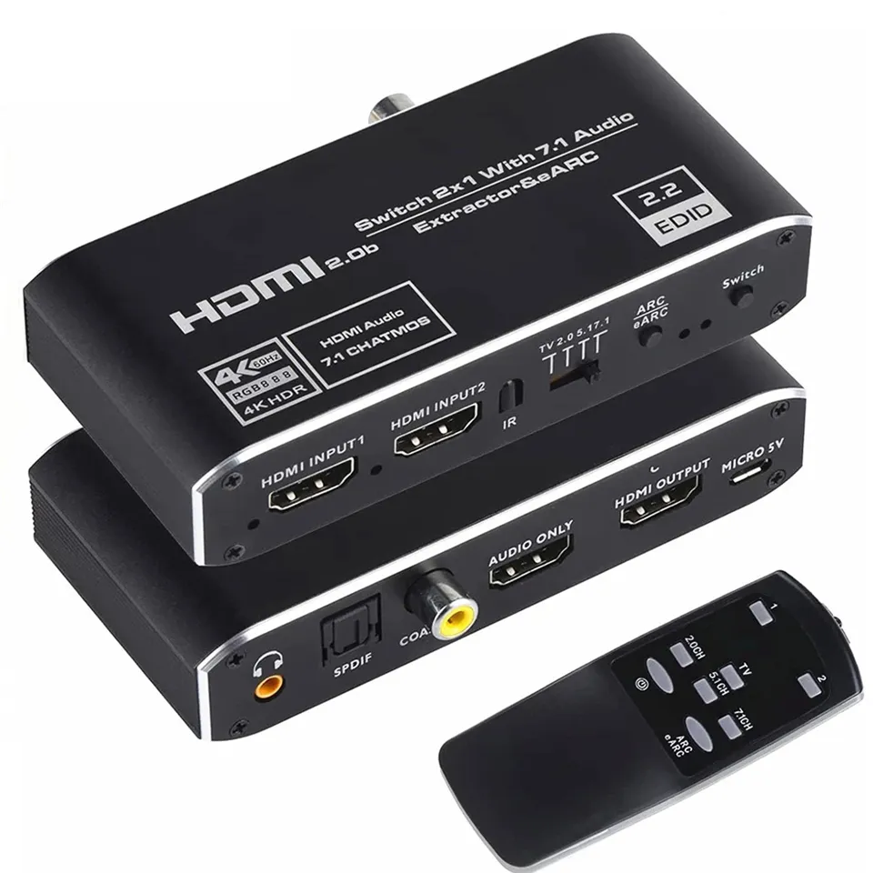 2x1 4K 120Hz HDMI-Schalter eARC Audio Extractor ARC Optischer Toslink HDMI 2.0-Switch 4K 60Hz HDMI Switcher-Fernbedienung für Apple TV