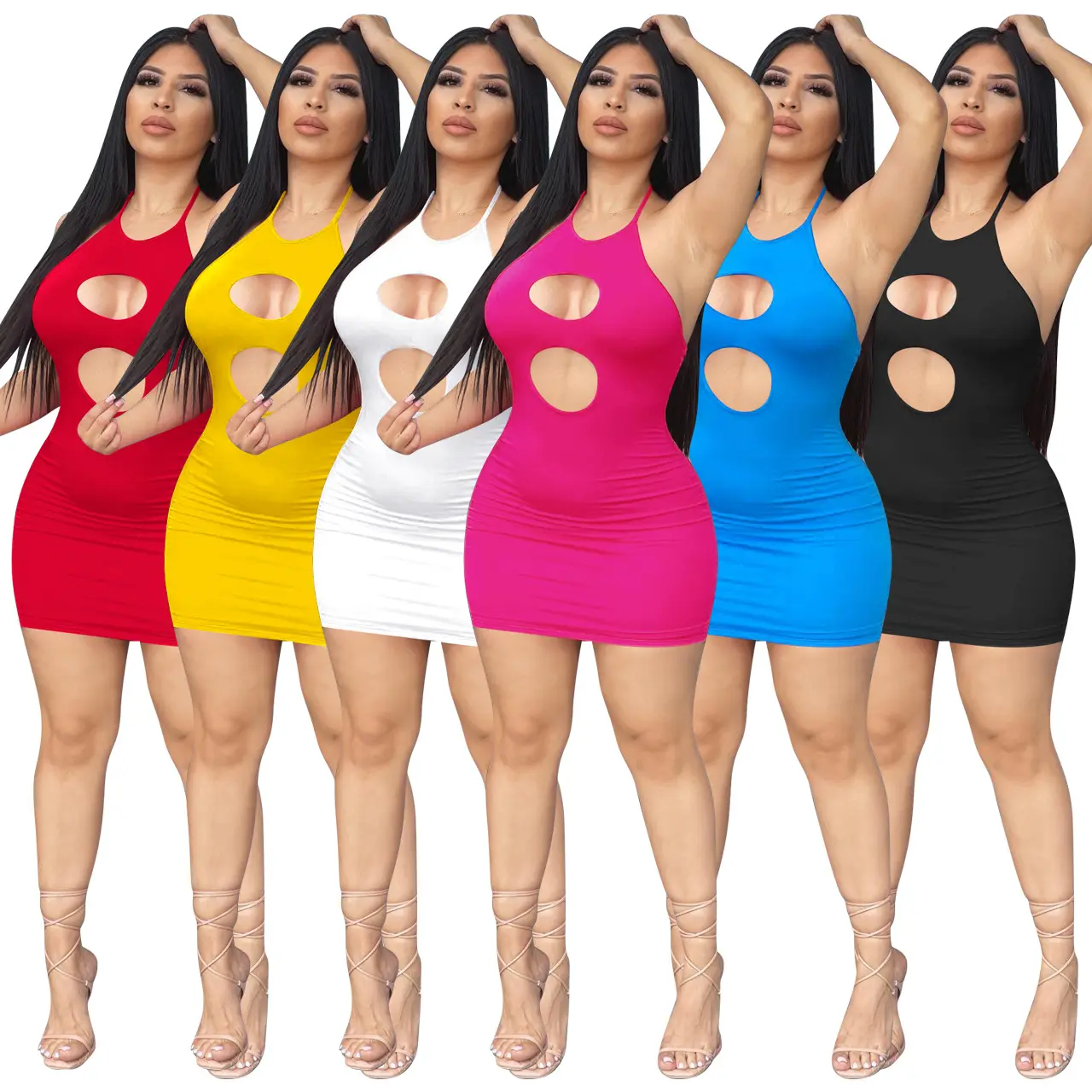 W5396 Vestido bodycon preto justo sem mangas para mulheres, vestido casual sem costas para festas e clubes, sem mangas, ideal para mulheres