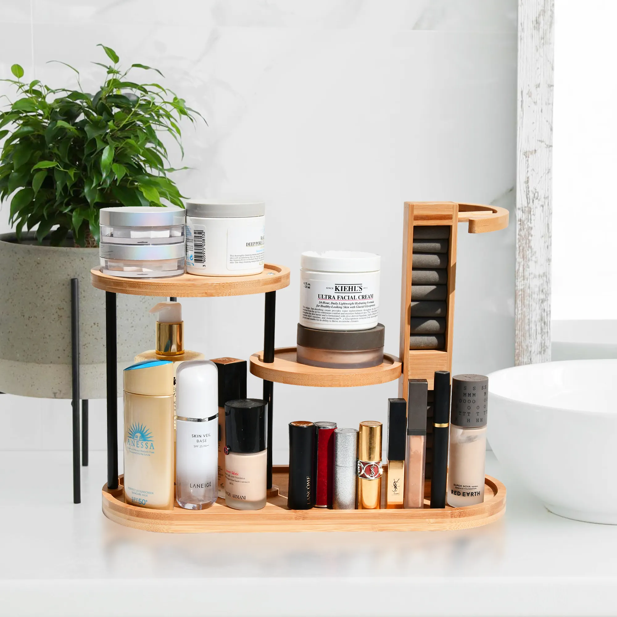 Organizador de maquillaje de bambú y contenedores de almacenamiento Estante de cosméticos Mostrador de madera de 3 niveles para cualquier dormitorio