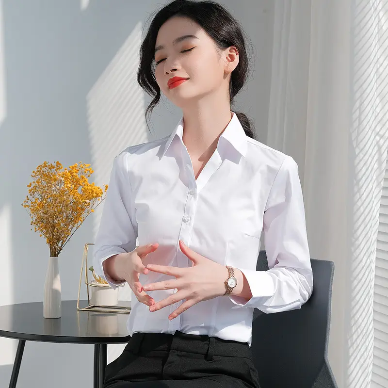 Sıcak satış kadınlar bluzlar 2022 personel özel Logo gömlek uzun kollu V boyun profesyonel kadın gömlek otel üniforması