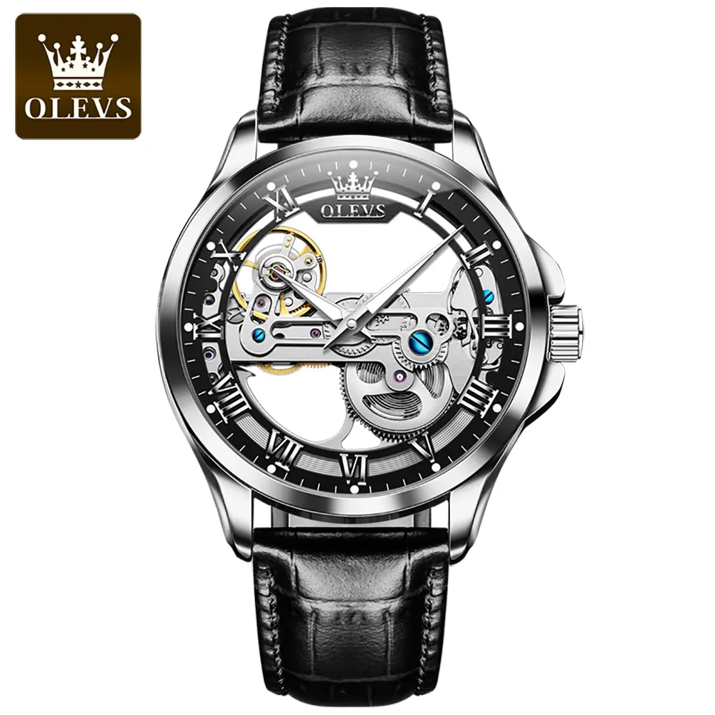 Olevs 6661 Classique Ultra Mince hommes en cuir De Luxe transparent Lumineux Personnalisé Cas De Mode Hommes Automatique Mécanique Montre