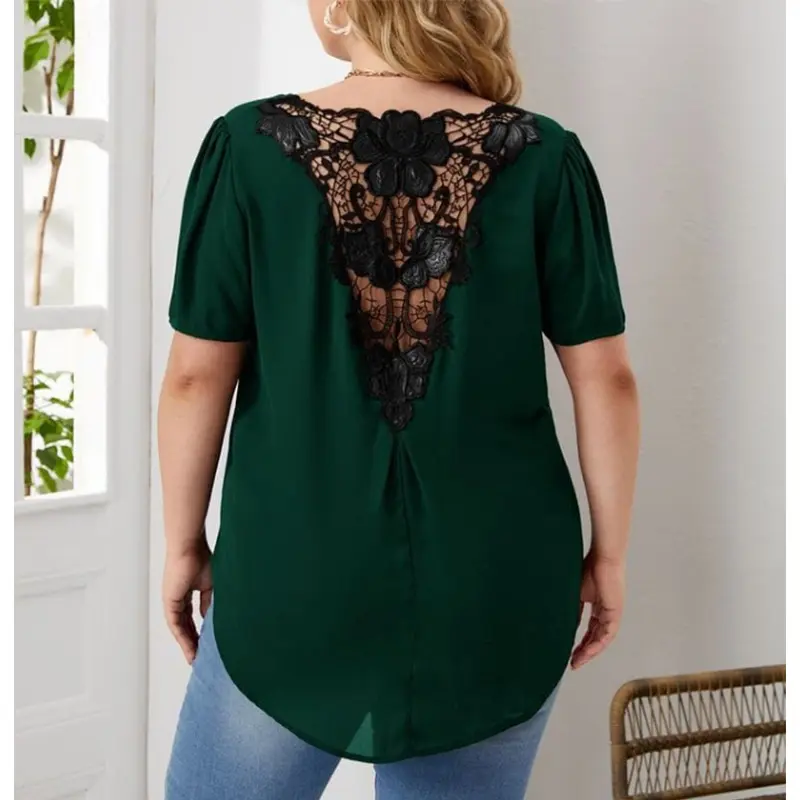 2023 Wholesale Sexy Lace Plus Size Women Shirts Round Neck Short Sleeve Casual Summer Tops Blouse With Lace