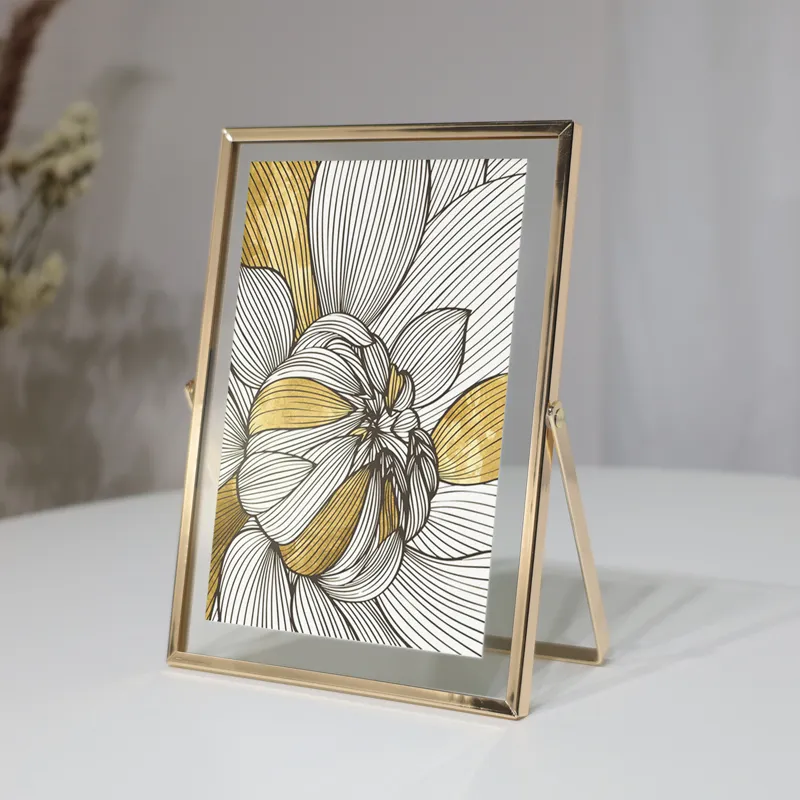 Moldura para fotos 5x7 em metal dourado, decoração com tampa de plexiglass, mesa de vidro de alta definição, exibição de fotos