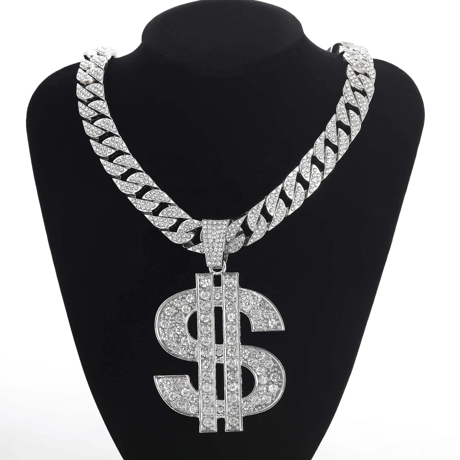 Fine Jewelry Necklace Hip Hop Grande Dólar Símbolo Rhinestone Atacado Dólar Pingentes Cubano Link Cadeia Colar para Homens