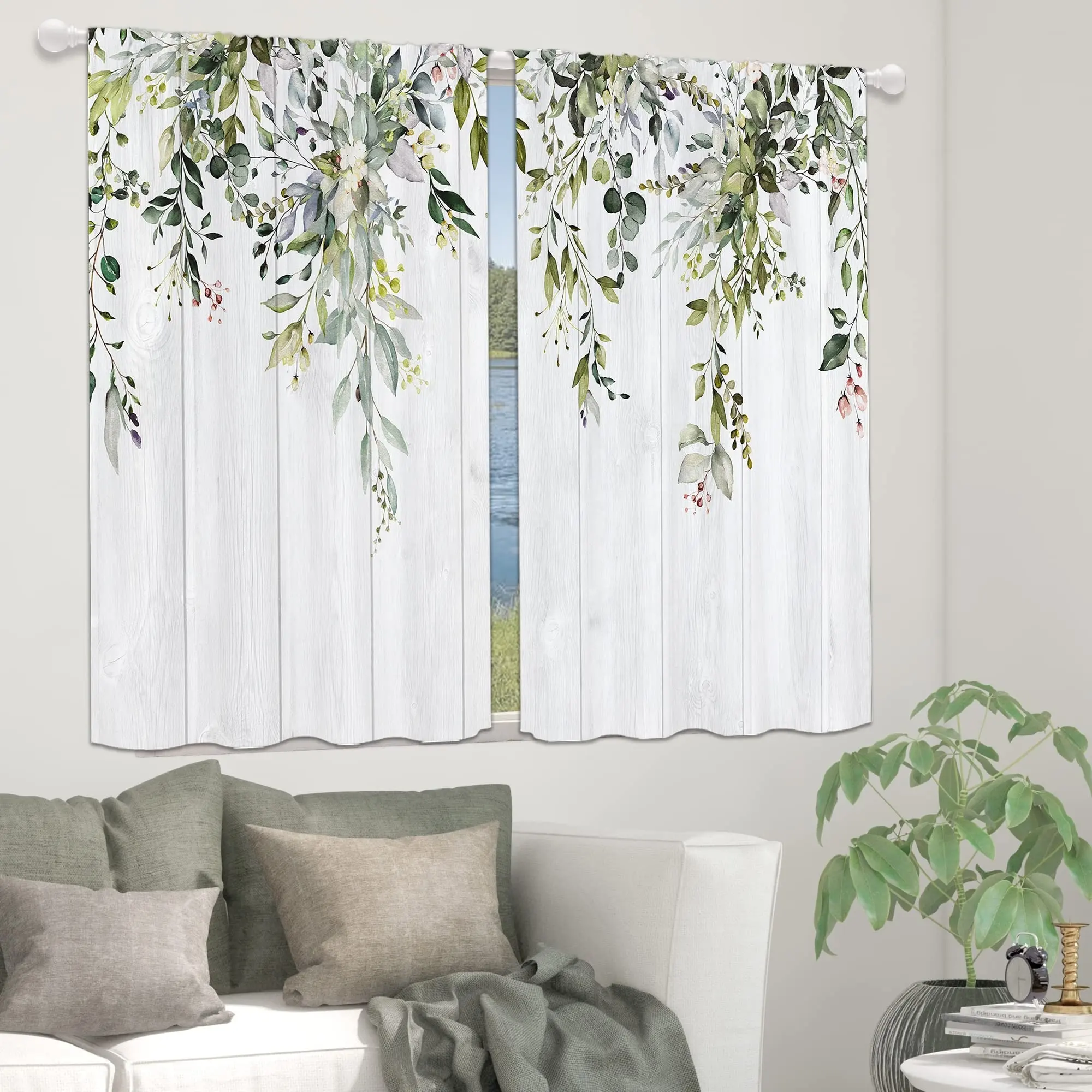 Cortinas con estampado de hojas florales de flores Bindi, cortina de café de planta botánica verde salvia corta para Cocina