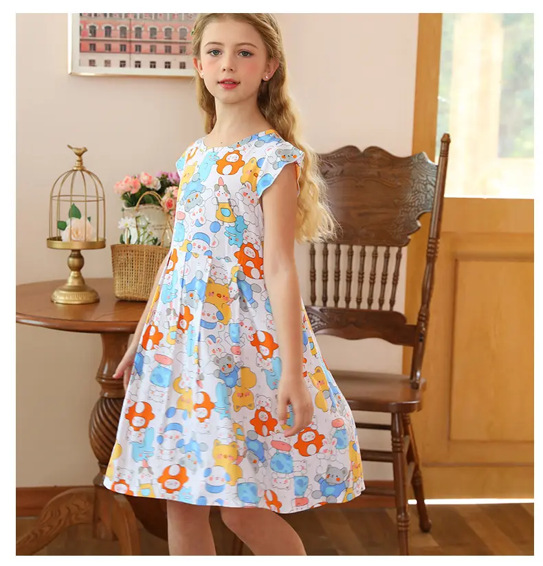 Été 100% Coton Puff Impression Kid Girls Dress Country Style Baby Girl Dresses Round Neck Dress For Girls