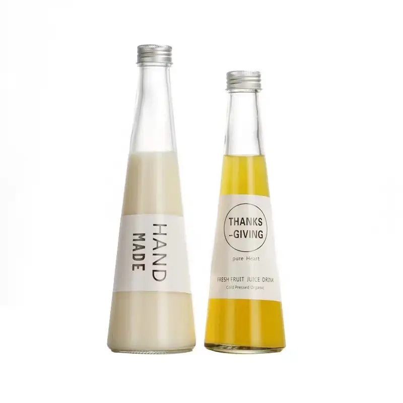 Garrafa de bebida de vidro cônico, alta qualidade, 350ml, torre alta, bebida, chá leite, suco de frutas, garrafa de bebida com selado, cobertura de alumínio