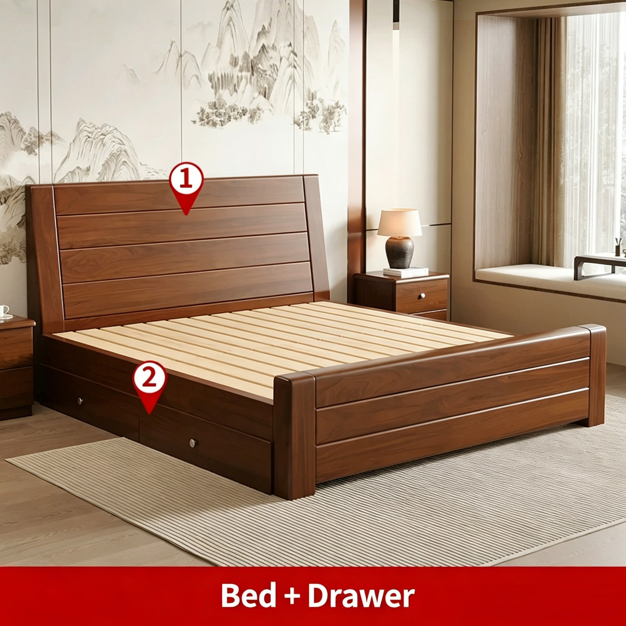 Cama, marrón avellana+cajón