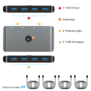 Aluminium Selector 4 Computer mit 4 USB-Geräten KVM Switch Hub-Adapter USB 3.0-Umschalter für Maus-Tastatur-Scanner-Drucker