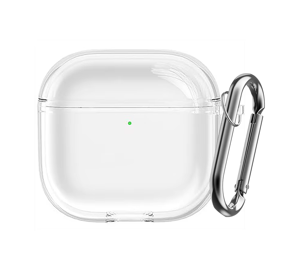 Estuche transparente con hebilla de pista color plomo.