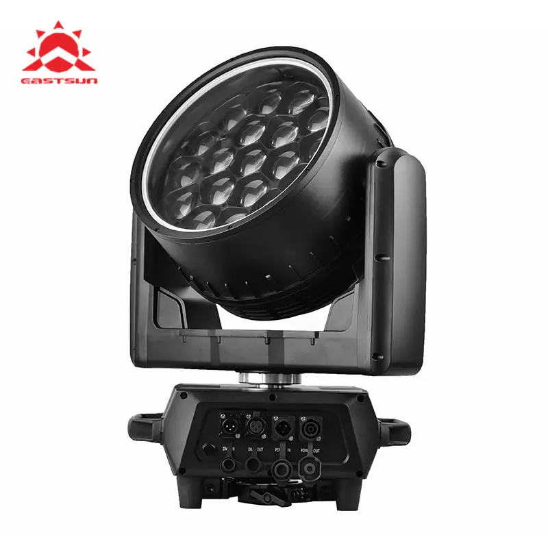 Cabezal móvil LED zoom y rotación 19PCs 40W 4-en-1 LEDs (RGBW) Luz de escenario de ojo grande impermeable