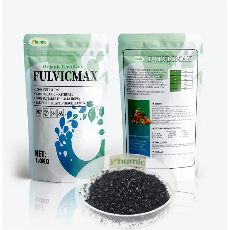 Yüksek kaliteli potasyum fulvate asit "Fulvicmax" % 100% suda çözünür biyostimulant fulvic asit flakes tedarikçi