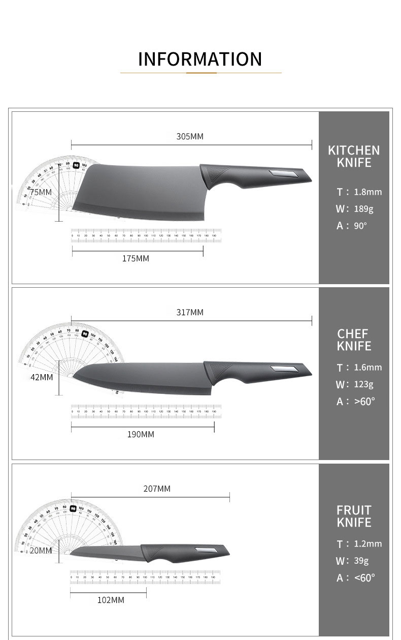 Stainless steel black kitchen knife set with gift box packaging