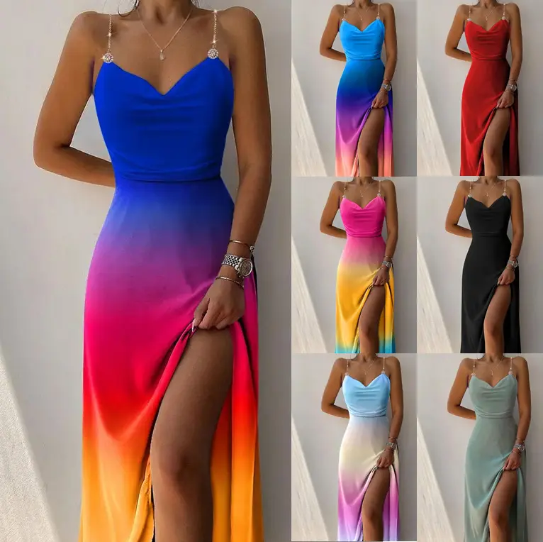 2023 estate donna elegante vestito aderente sexy profondo scollo a V halter alta fessura tinta unita vestito tie dye