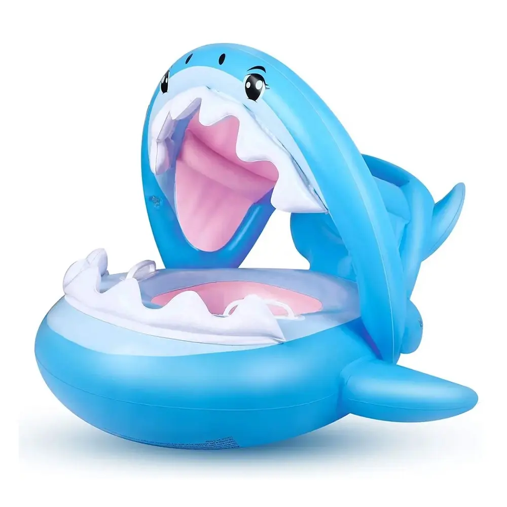 Flotador de natación de bebé divertido de agua de verano al por mayor con sombrilla flotadores inflables de piscina anillo de natación con forma de tiburón para niños