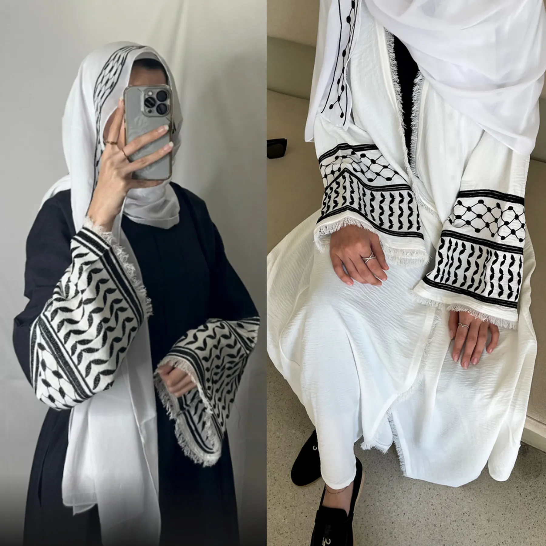 2024 Nieuwe Zachte Crêpe Borduurwerk Palestine Kefiyyeh Abaya Ramadan Kwast Dubai Abaya Vrouwen Moslim Jurk Bescheiden Islamitische Kleding