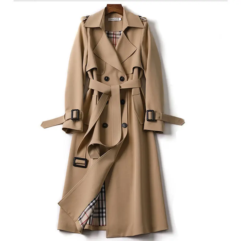 Casaco longo casual elegante de manga comprida plus size corta-vento para mulheres, casaco de trench padrão, novidade estilo outono