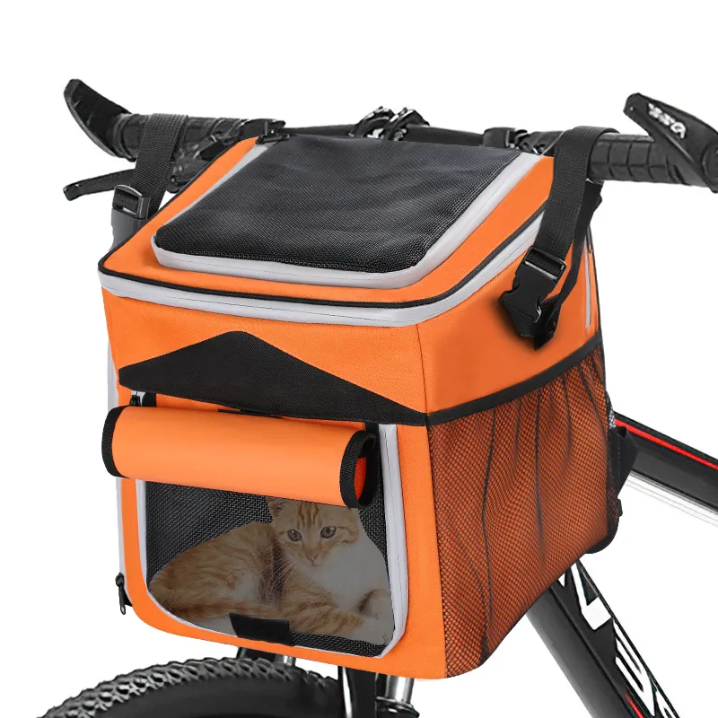 Outdoor Travel Bike Sports Cat Dog Carrier Case bicicletta Front Dog Bag Basket portabiciclette per animali domestici con parapioggia