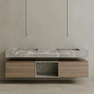 Sicily grigio marmo galleggiante doppio lavello lavabo sovradimensionato mobile da bagno a parete con cassetti in legno - Product Image 3