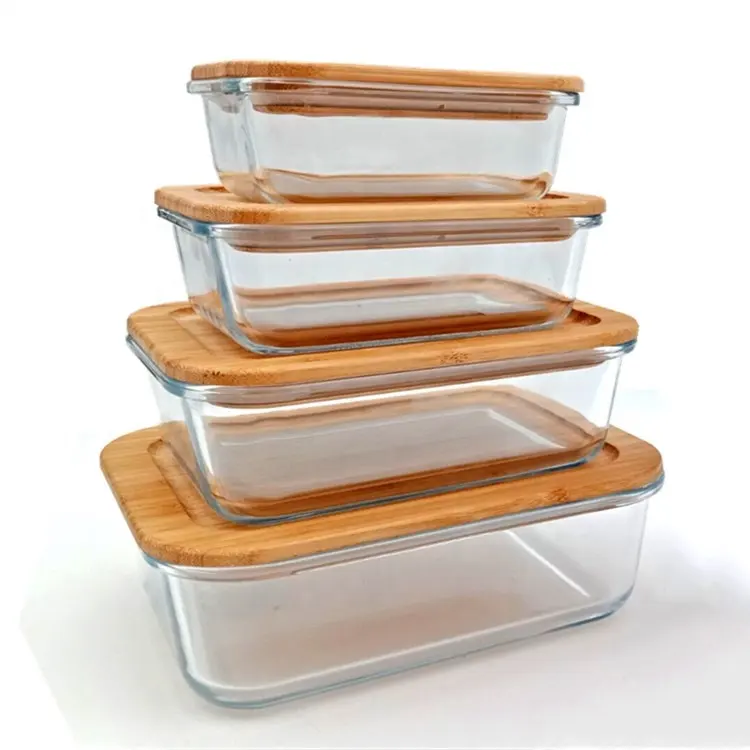 Fiambrera de borosilicato alto para cocina, juego de recipientes de vidrio rectangulares para almacenamiento de alimentos, microondas moderno con tapa de Bambú