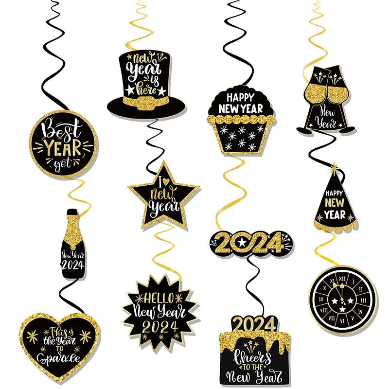 2024 colgante espiral de Año Nuevo europeo y americano Feliz Año Nuevo suministros de decoración de fiesta de oro negro colgante