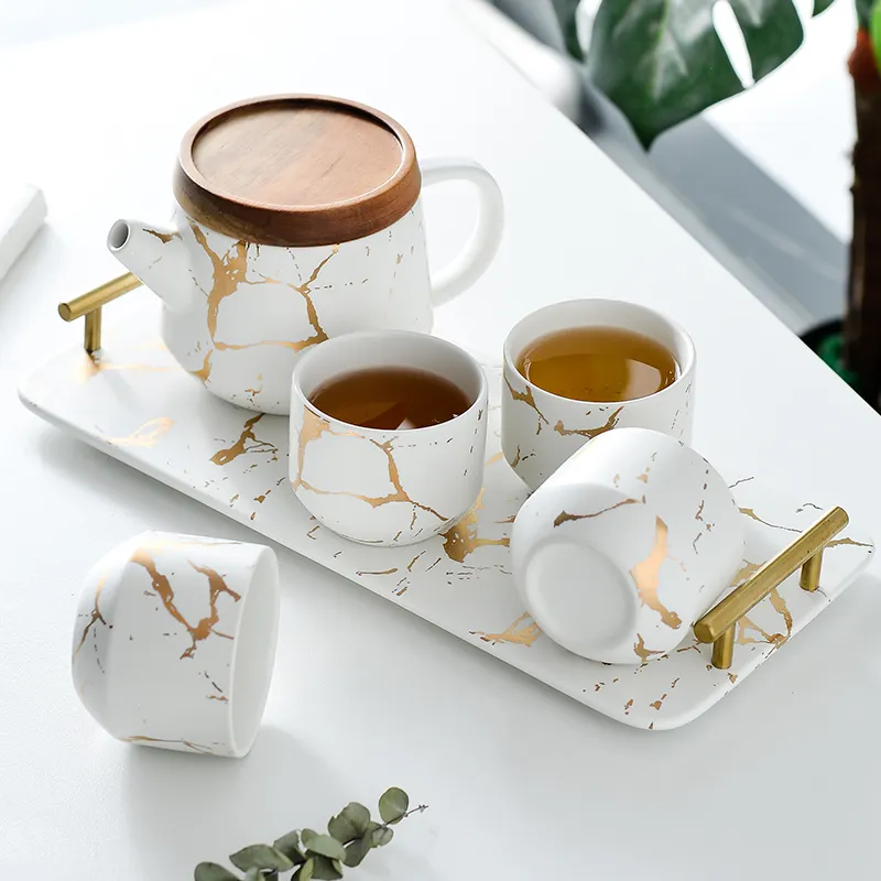 Lüks Modern çaydanlık 4 parça çay fincanları porselen kahve çay fincanı setleri mermer çay seti hediye kutusu ile