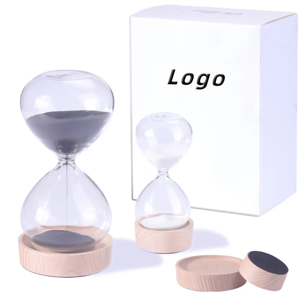 Customized Home Decoration Gift Transparent glass Sand Timers Colorful 5/10/15/30 Minutes Hourglass with round wooden base