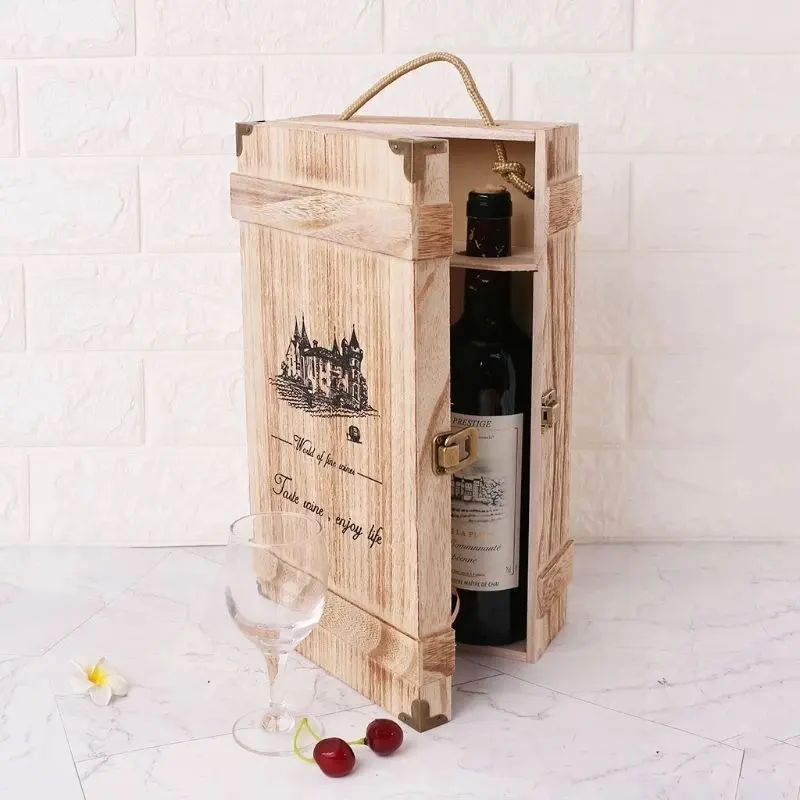 Винтажная деревянная 2 Коробка для бутылок с красным вином, ящик для хранения, необработанная деревянная коробка для вина с гравировкой, персонализированная деревянная коробка для вина