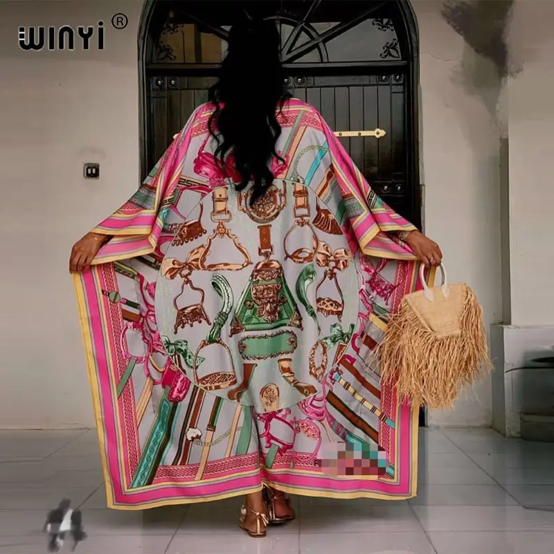 WINYI África 2023 solto Vestido Longo com cinto Moda feminina Imprimir kaftan Casual Elegante Holiday summer tarje Bohemian party dress