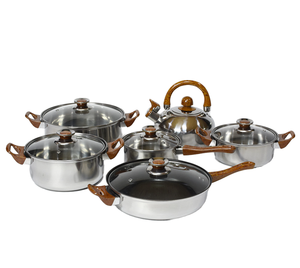Nhà máy-ban đầu chất lượng cao thép không gỉ <span class=keywords><strong>Cookware</strong></span> Set với tay cầm bằng gỗ 12-mảnh đáy đôi Bếp gas tương thích - Product Image 3
