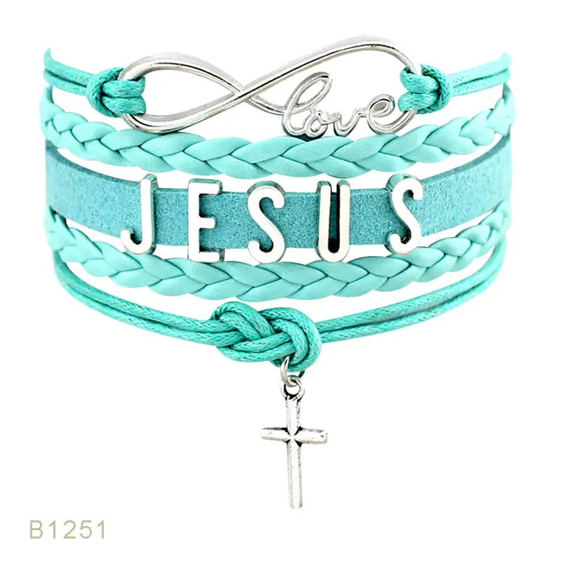 Pulsera de cuero con mensaje de fe de fábrica, Believe, infinito, amor, valor, Jesús, Me ama, cruzada de lado, Cristiana