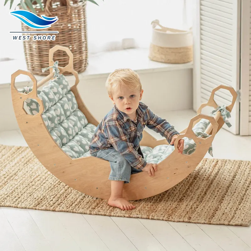 Chaise à bascule Montessori avec oreiller en bois pour bébé GYM multifonctionnel Waldorf Montessori avec tapis