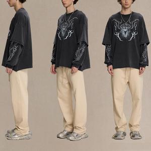 高級デザイナーブランドヴィンテージ偽スーツ2ピースロールエッジプリント長袖Tシャツメンズスノーフレークウォッシャッドハイストリートティー