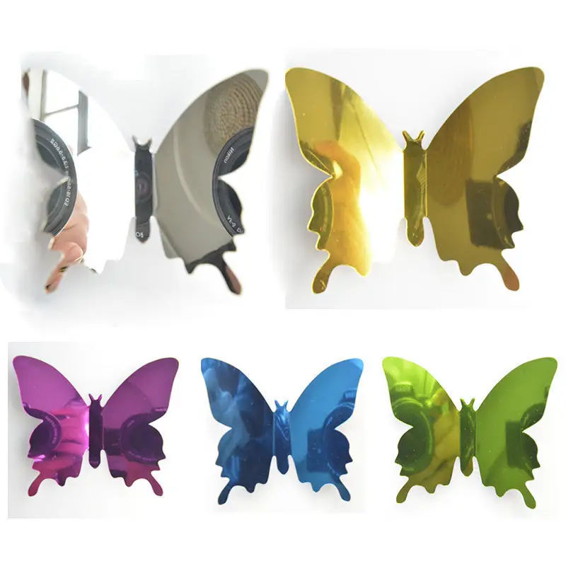 12 unids/set mariposas reflectante para mascotas, espejo de la pared etiqueta de la pared decoración arte auto-adhesivo 3d de arte de la pared de espejo etiqueta engomada