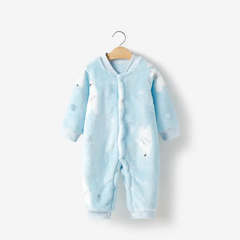हल्का नीला भालू प्रिंट कोरल वेलवेट पजामा सेट बेबी फलालैन रोम्पर 0-6 साल के आकार OEM सेवा उपलब्ध है