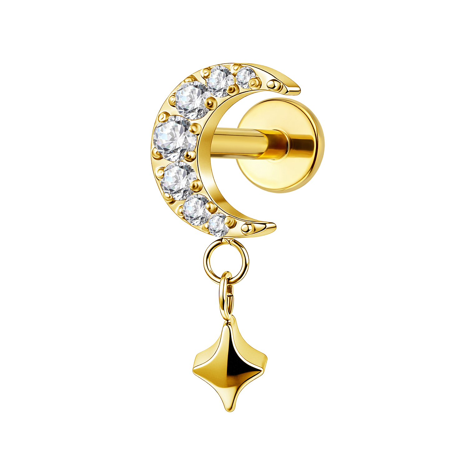 Goujon à dos plat labret lune étoile dorée