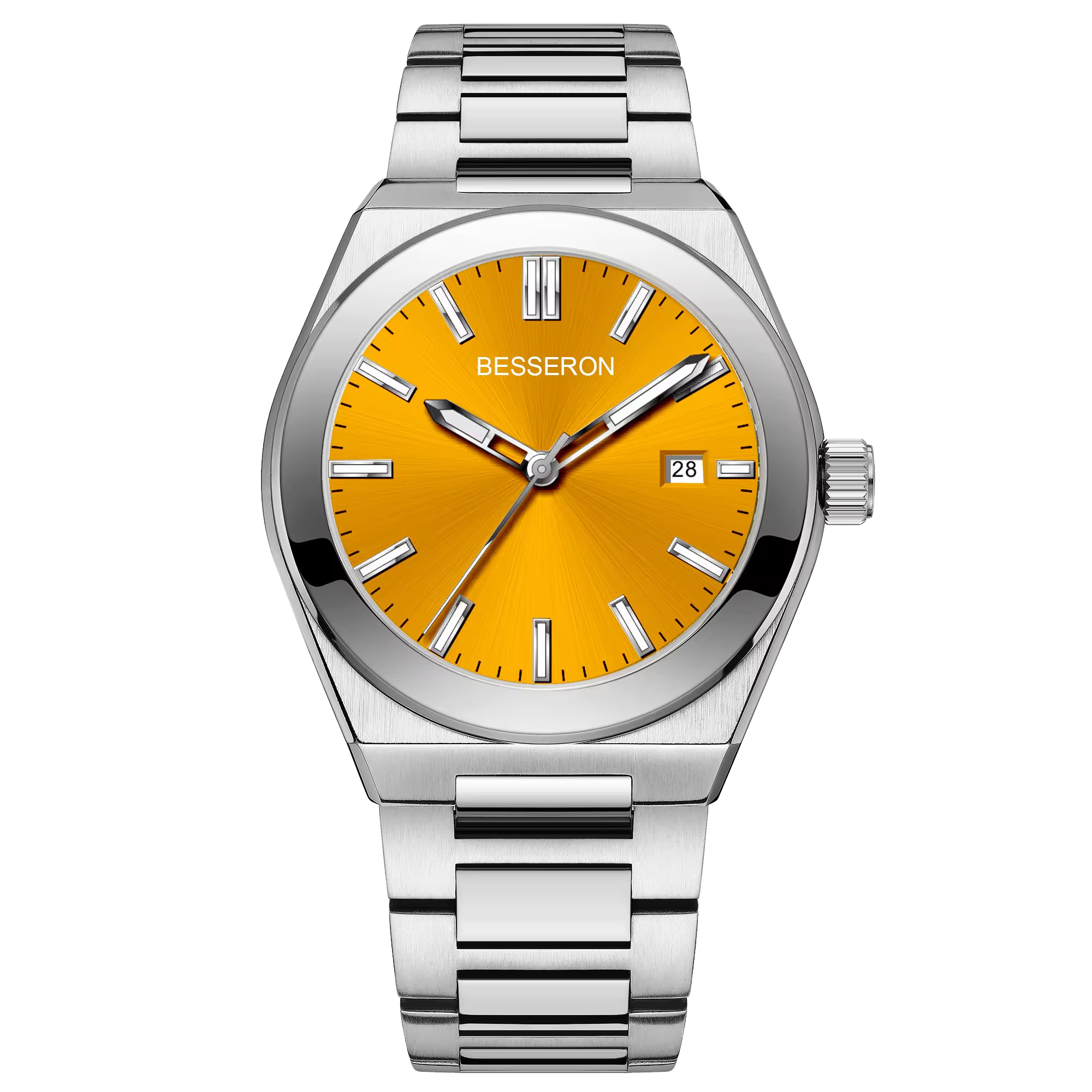 Reloj plateado con detalles en marrón.