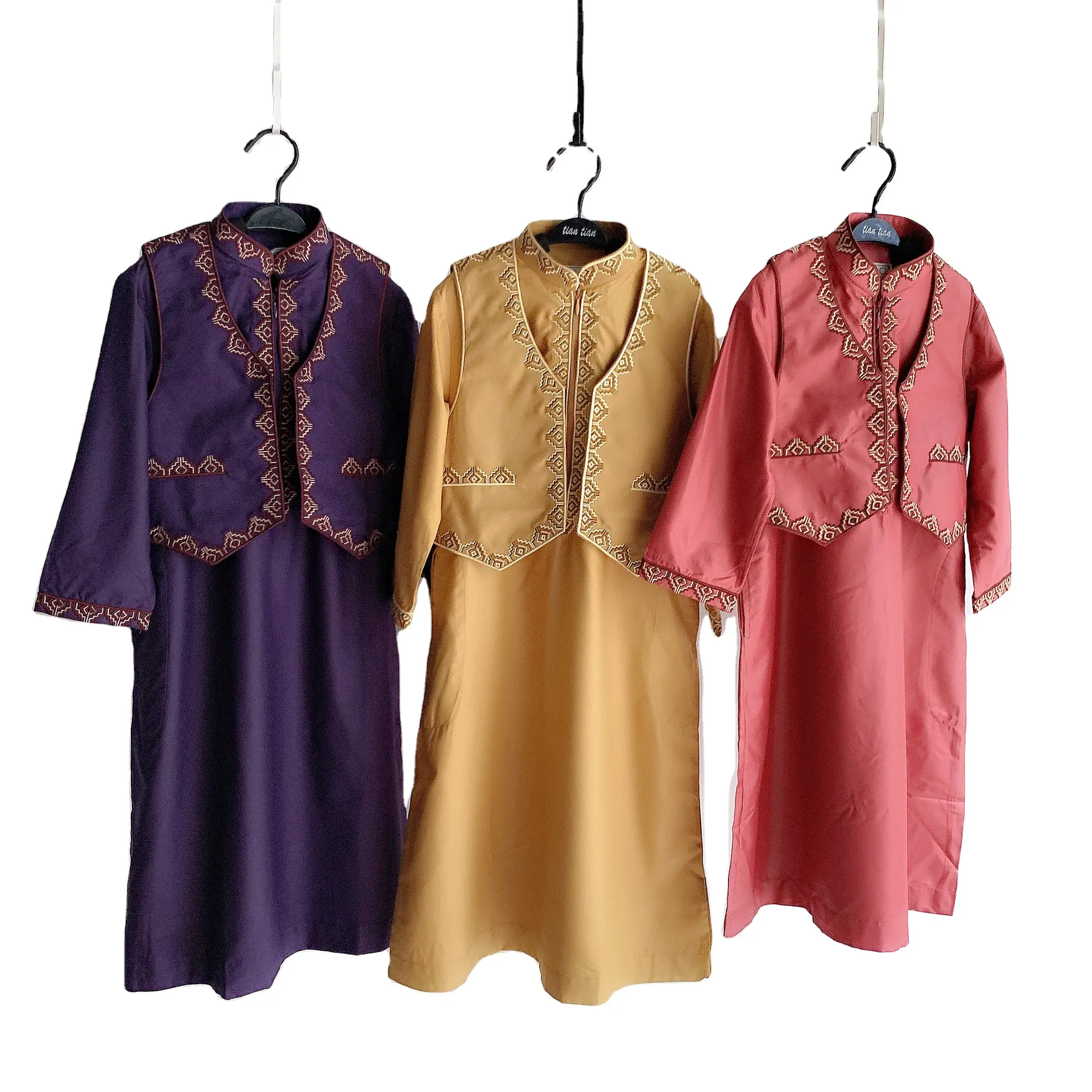 2022 Hot Sale Simple Boy Long Sleeve Embroidery Thobe Kids Set Clothes Muslium Children Abaya Dubai Clothes