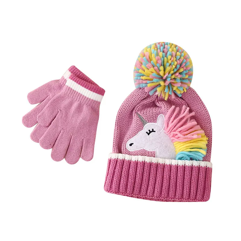 Autunno inverno simpatico cartone animato unicorno bambino bambino Pom Pom berretto a maglia per bambine unicorno cappello e guanti