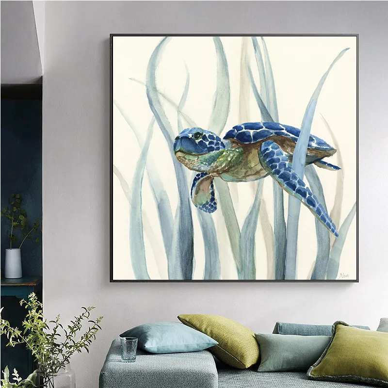 Tartaruga animale tela pittura a olio astratta blu parete arte Poster e stampe soggiorno casa arte