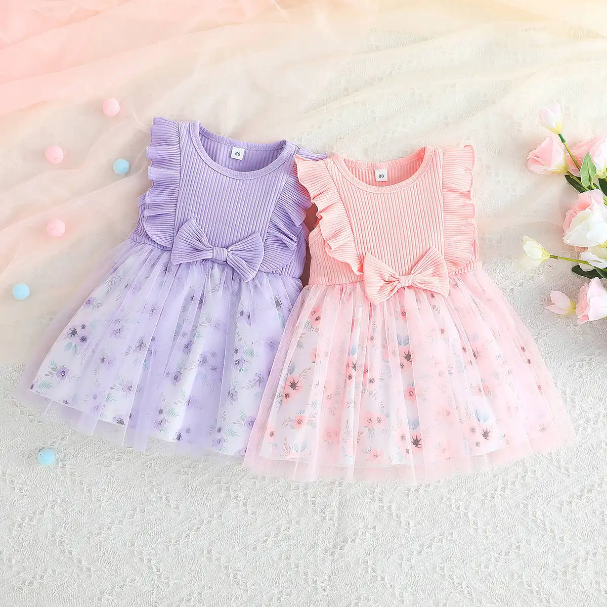 Fuyu verano bebé niña niños acanalado sin mangas estampado Floral encaje vestido de hadas dulce vestido de lujo para niños