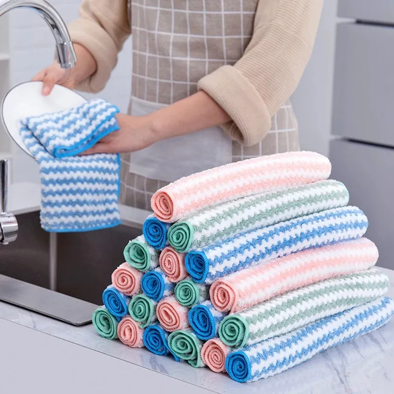 DS1275 serviette de cuisine en microfibre, chiffon de nettoyage en molleton de corail, tampon à récurer absorbant, chiffon de nettoyage sec et humide