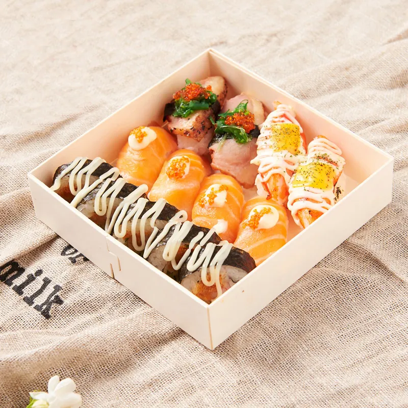 Vente chaude À Emporter Petit Papier Kraft Cookie Déjeuner Sushi Boîte À Bento En Bois Jetable