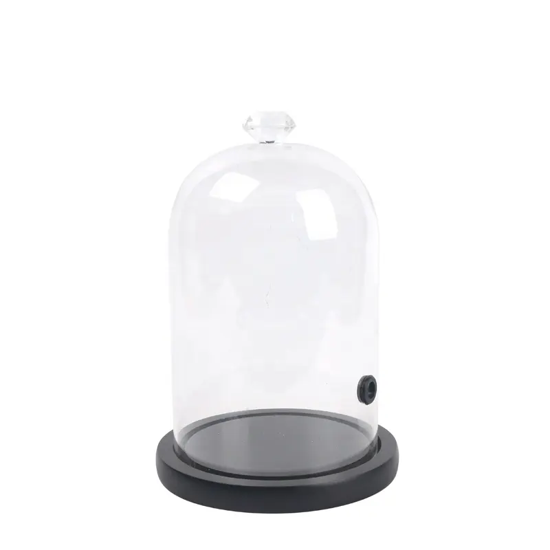 Handmade Decorative Clear Borosilicate Glass Flower Cloche Dome with Wooden Base