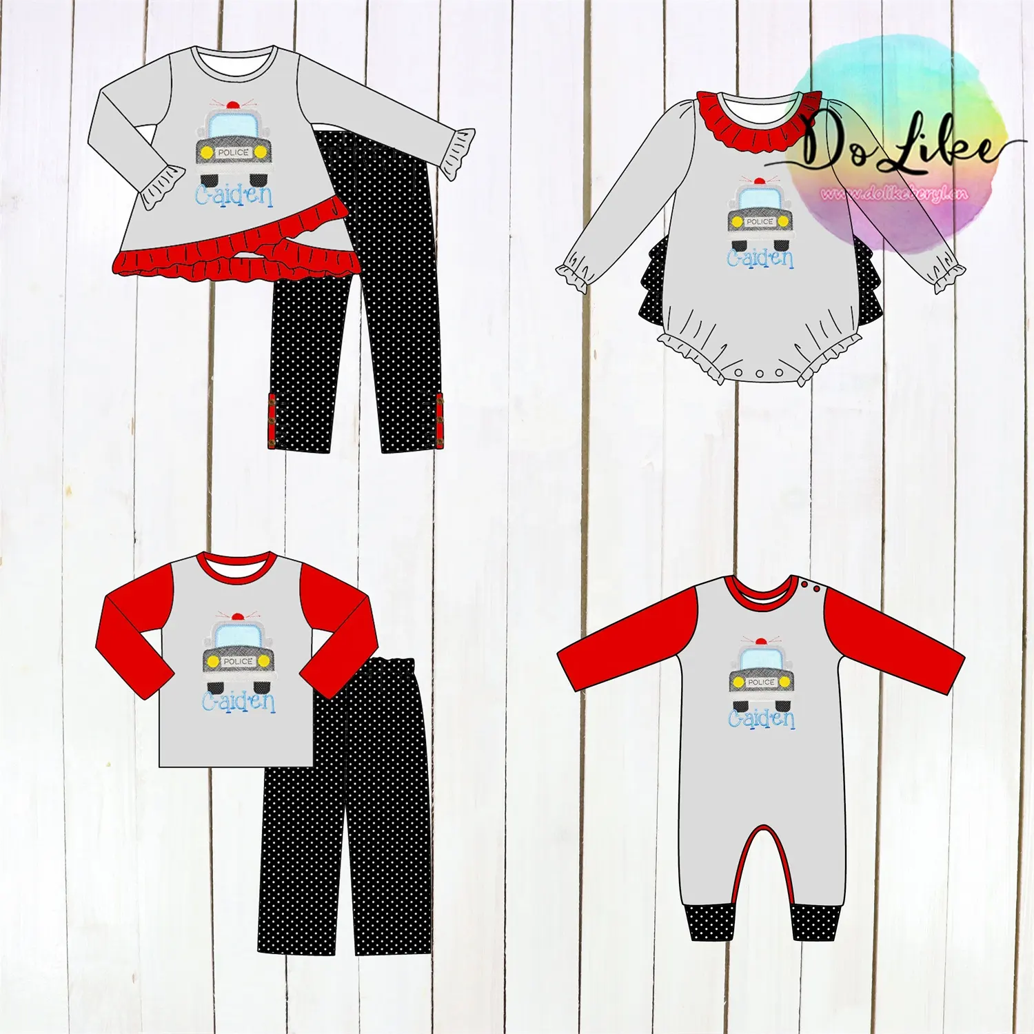 Aangepaste Baby Outfits Meisjes Katoenen Kleding Sets Politie Auto Applique Kids Kleding Boetiek